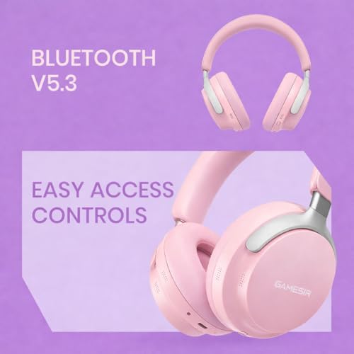 Image of GameSir Bass Wireless Headphones with Bluetooth 5.3, 40mm Drivers, Deep Bass Stereo Sound, Over-Ear Noise Isolation Headset with LED Light, Built-in Mic for PC, Mobile & Laptop (Pink)