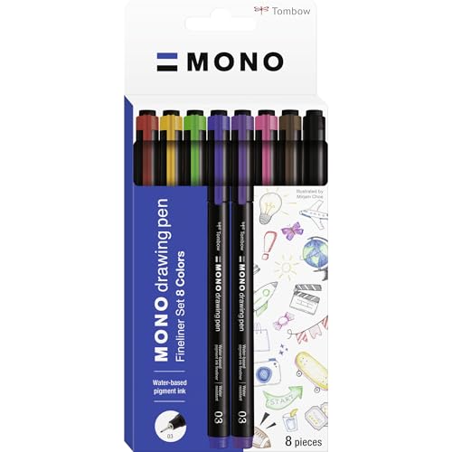 Tombow Mono Drawing Pen Fineliner Set Of 8, Drawing Pen, Water-Resistant Pigment Ink, 0.3 Mm Tip, For Sketching And Technical Drawings [Ws-Efl-8C]