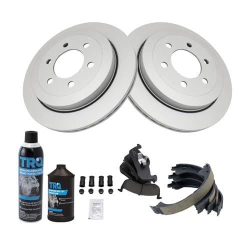 Image of TRQ Rear Brake Pad & Rotor Kit, with Chemical Kit Parking Brake Shoe Set Ceramic Premium G-Coated Compatible with 2007-2017 Ford Expedition Lincoln Navigator
