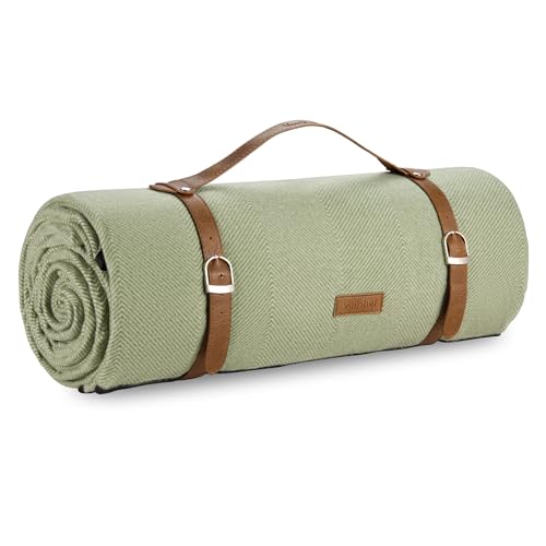 VonShef Picnic Blanket Green Herringbone Extra Large Outdoor Rug with Waterproof Backing 10 Person Weatherproof Picnic Mat with Faux Leather Handle Water Resistant Camping Accessories 200x300cm