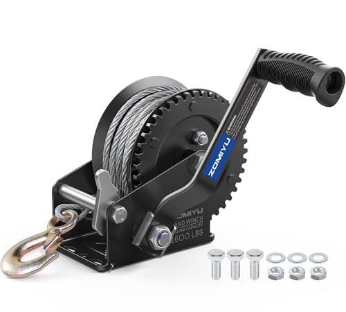 ZOMIYU Boat Trailer Winch 1600lb Portable Hand Crank Winch with 26FT Steel Cable 2-Way Ratchet 4:1 Gear Ratio for Boat ATV Jet Ski Marine Towing