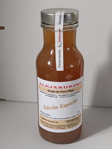 ALEJANDRINO Zumo Natural Pera Eliot 750 cl cien por cien exprimida; Sin aditivos añadidos; sin agua añadida; sin azucares añadidos; apto y producto para veganos y sin gluten. 3 botellas 75 cl.