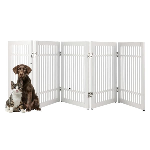 Freestanding Dog Gate - 5-Panel Foldable Indoor Pet Fence - 91x24-Inch Extra Wide Wood Dog Gate for Stairs, Hallways or Doorways by PETMAKER (White)