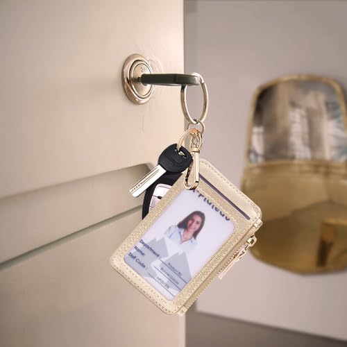 Image of Keychain wallet, Rfid Blocking Credit Card Holder Leather, Zipper Card Case for Women, Gold, Multi-function