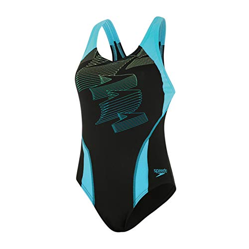 Speedo Women's Boom Placement Racerback Swimsuit, Black/Aqua Splash/Bright, Size: 36 (UK 14)