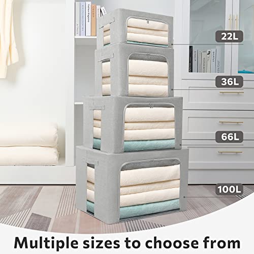 Image of FHSQX 2 Pack Clothes Storage Bins Stackable Metal Frame Storage Box Foldable Linen Fabric Organizer with Carrying Handles and Clear Window (Light Gray, 15.7x 11.8x 7.8Inch)