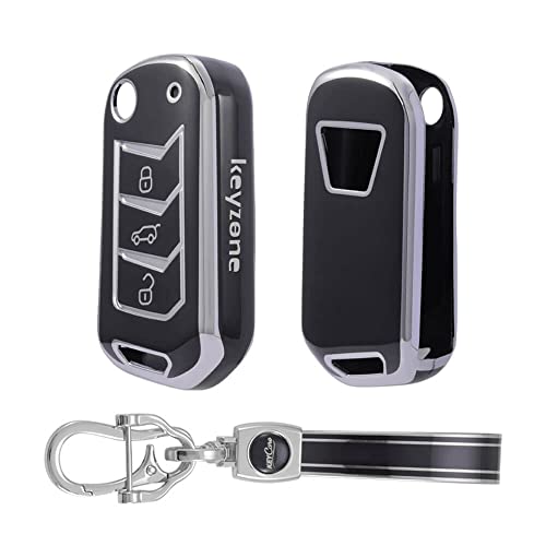 Image of Keyzone TPU Car Key Cover & Keychain fit for: Mahindra Thar, Scorpio, XUV 300, XUV700, Bolero, XUV400, Marazzo, TUV300 Plus Flip Key (Silver Black with Silver Black Keychain)