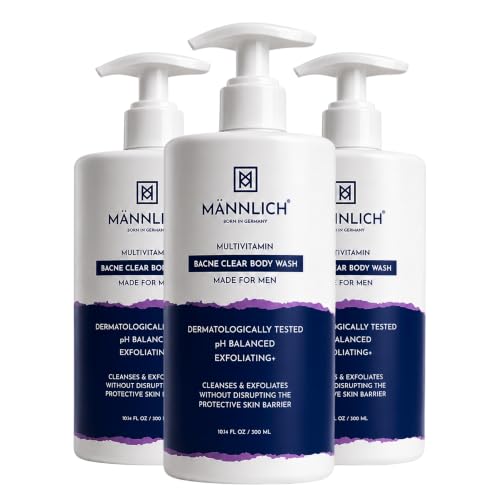 Image of Mannlich 2% Salicylic Acid Body Acne Wash for Men (300 ml) Pack of 3 - Bacne Clear Body Wash Men Shower Gel - 3% Niacinamide Prevents Body Acne, Exfoliates & Nourishes Skin - Suitable for All Skin Types - Paraben & SLS Free