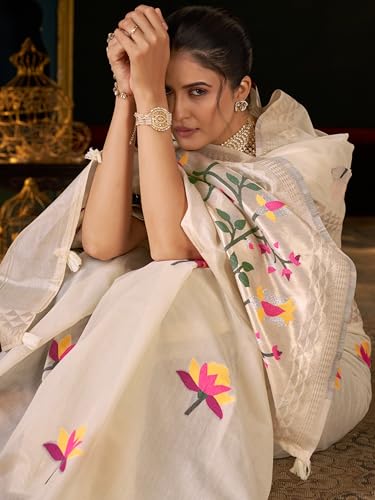 Image of SWORNOF Women's Pure Silk Saree With Blouse Piece