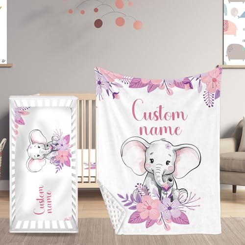 Personalized Name Baby Crib Bedding Set, Custom Elephant with Flowers 2 Piece Set for Girls, Soft Blanket with Dotted Backing and Fitted Sheet, Perfect for Baby Newborn Shower Gift