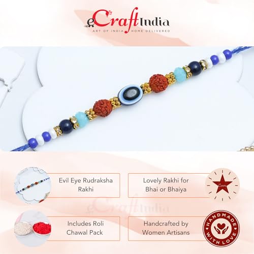 Image of eCraftIndia Evil Eye Rudraksha Rakhi for Brother Bhaiya Bhai with Best Bro Ever Fridge Magnet | Roli Chawal Pack
