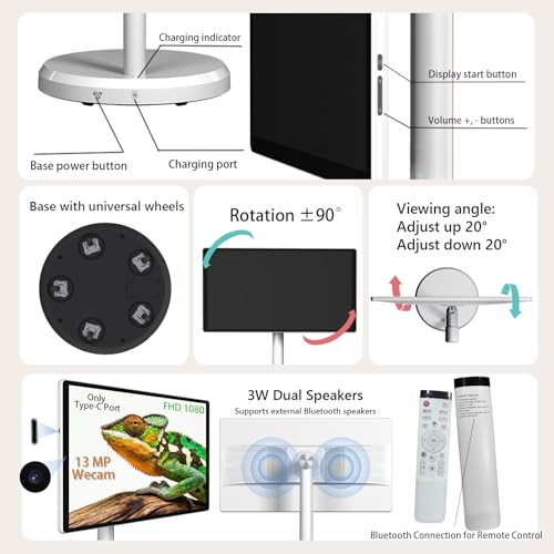 Image of OFD 21.5 inch 2nd Gen Smart Portable TV on Wheels FHD 1080P,6+128GB Storage,Android 15,Home Touchscreen TV with Rolling Stand,Built-in Battery,13MP Webcam,Voice Remote,Speaker,EDLA-Certified,Full Rotation