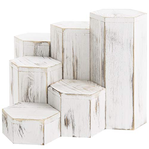 MyGift Whitewashed Wood Hexagonal Jewelry Display Risers, Set of 6