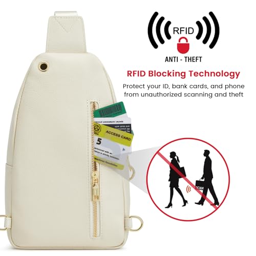 Image of Kattee Sling Bag for Women, Leather Crossbody Bag for Travel, Beige | Top Grain Pebbled Leather. RFID back pocket, small chest bag fit 6.9-inch phone, fanny pack with adjustable strap.