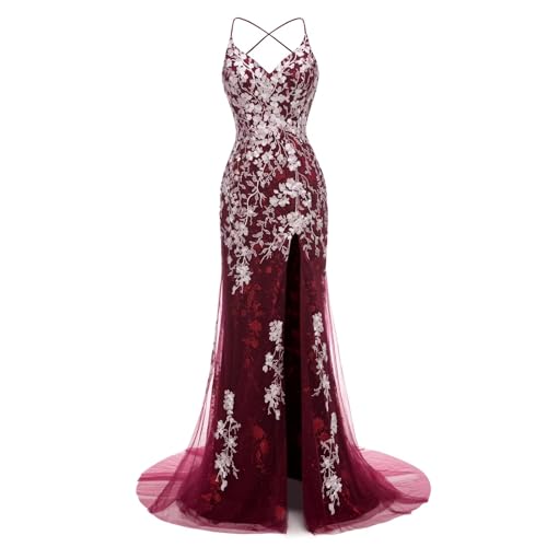 Image of Long Spaghetti Straps Tulle Mermiad Prom Dress V Neck Lace Appliques Formal Dress with Slit SF203
