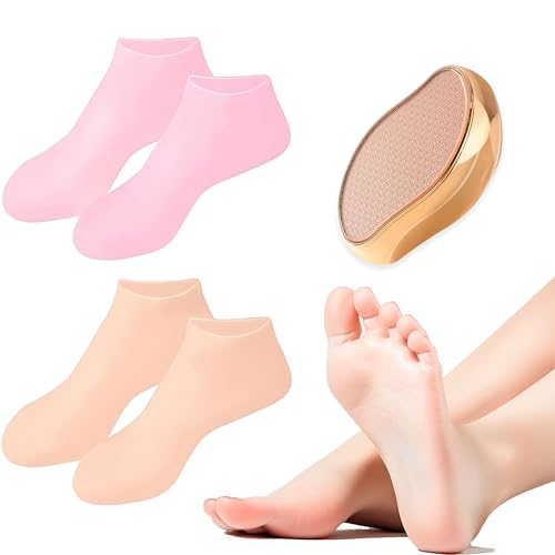 HROOSE Foot Care Set for Woman,Nano Glass Foot File + 2× Moisturizing Silicone Socks for Dry Feet,Callus Remover & Deep Hydration