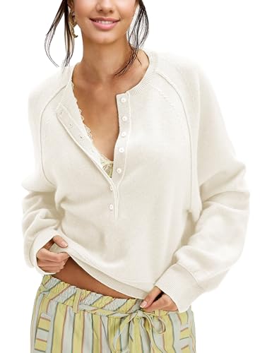 Women's Half Button Down Pullover Knit Sweater Casual Henley Long Sleeve Tunic Tops Loose Fit Trendy Outfits(Apricot-M)