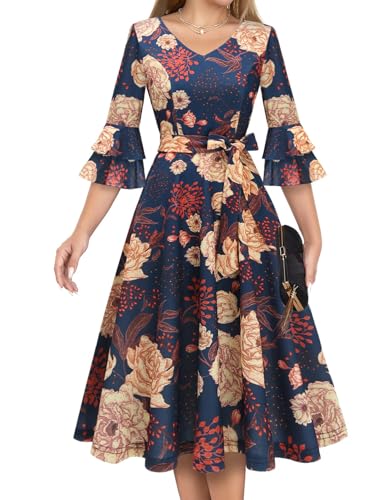 Image of DRESSTELLS Women's Cocktail Dress Summer Wedding Guest Party Vintage 3 /4 Bell Sleeve V Neck A-Line Dress