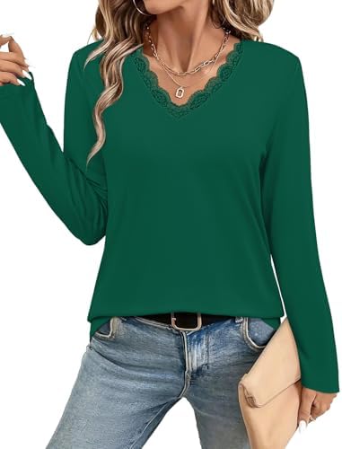 JUSTFASHIONNOW Long Sleeve Shirts for Women Lace V Neck Tunic Tops Dressy Business Casual Blouses Trendy Cute Winter Clothes