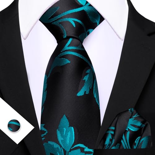 Image of Barry.Wang Flower Ties for Men Silk Woven Floral Tie Sets Necktie Handkerchief Cufflinks Wedding Party