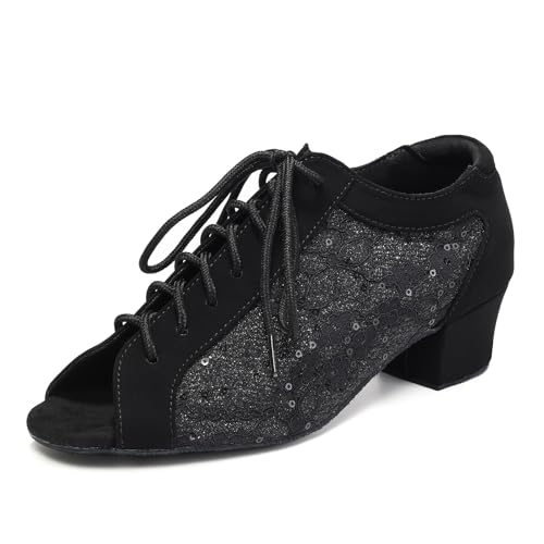 VCIXXVCE Scarpe da Ballo Donna Latino Americano con Lacci Punta Aperta Scarpe Professionali da Pratica di Salsa Tacco 4 cm, 38.5 EU