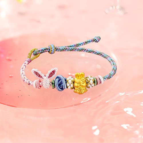 24K Solid Gold Bracelets Real Pure Gold Ball Rabbit Braided Bracelet Flower Charm Bracelet Dainty Jewelry for Women Mother Lover Her Anniversary Birthday3
