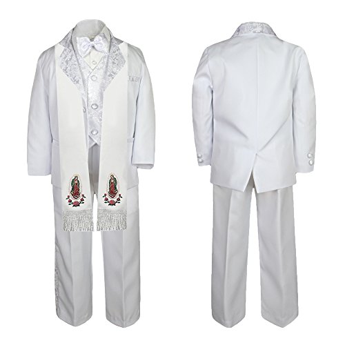 Image of Baby Boy Teen Christening White Paisley Suit Gold Guadalupe Mary on Stole SM-20