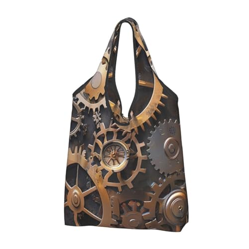 Sac de courses pliable imprimé rouages mécaniques, cabas réutilisable noir chic