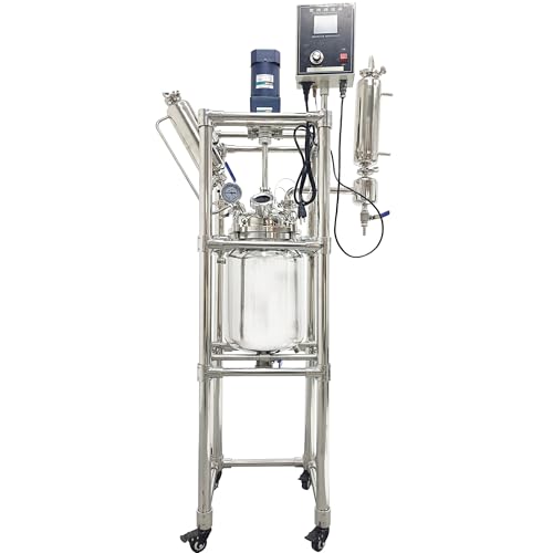 HQHAOTWU Glass Reactor 316 Stainless Steel Double-Layer Reaction Kettle 10L Chemical Jacketed Reactor Vessel with Support Frame and Digital Display Adjustable Speed for Reaction Distillation 110V