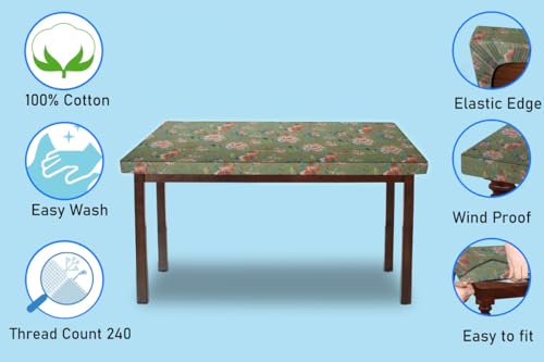 Image of The Furnishing Tree Elastic Cotton Rectangular Dining Table Cover 30x48 in Inches Floral Multicolor on Greenish Base