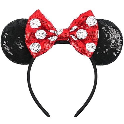 MADO Mouse Ears Headband, Princess Dress Up Hair Accessory for Women Girls, Black and Red Dots