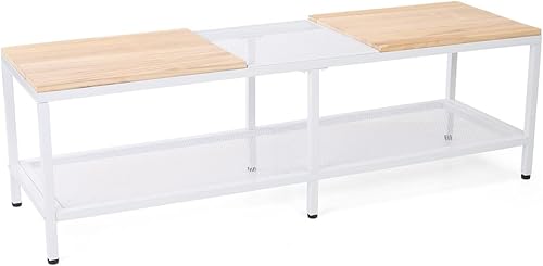 Displays2go Mesa de exhibición de madera y acero encimeras de Paulownia con estantes de malla de hierro color blanco FDCASABN