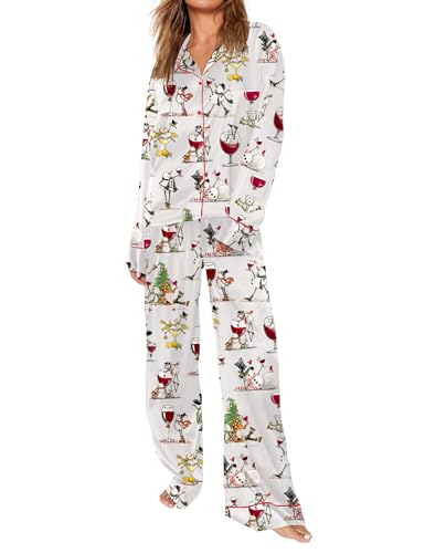 SHESHOW Satin Christmas Pajamas for Women Long Sleeve Winter Pjs Cute Goblet Snowman Christmas Pajamas Sets L