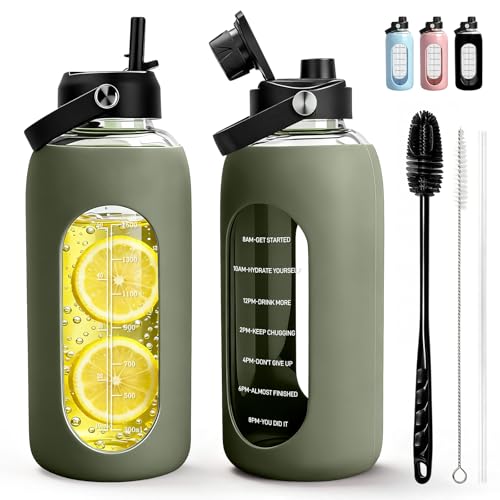 Image of Aqulea 64oz oz Glass Water Bottle with 2 Lids - Spout & Straw Lids, Borosilicate Glass Water Bottle with Time Marker & Silicone Sleeve, Leakproof
