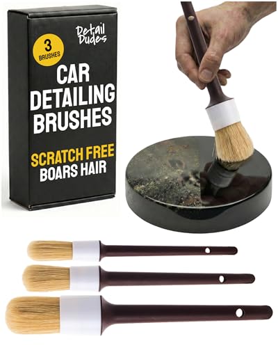 Detail Dudes Soft Boar Hair Car Detailing Brush Set - 3-Pack, Brown - Car Detailing Kit for Versatile Uses - Soft Bristles Cleaning Brush - Water-Resistant Handles