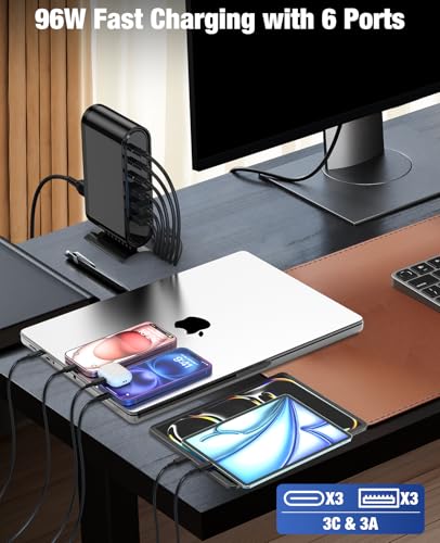 96W Charging Station for Multiple Devices,6 Port Multi Charger Station with 6.6ft USB C Cables,USB C Fast Charging Hub Organizer Multiport for iPhone 16 15 Pro Max, Samsung, Android, iPad, (Black)
