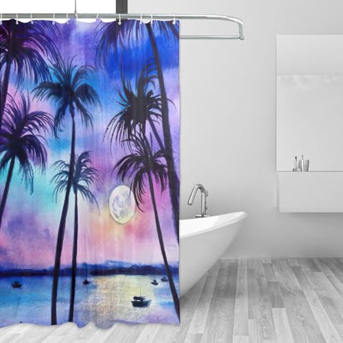 Rideau de douche 12 œillets inoxydables et bouton-pression en tissu polyester palmier