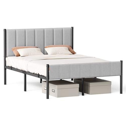 VASAGLE Doppelbettgestell, Bettgestell, 140 x 200 cm, mit gepolstertem Kopfteil, Bettrahmen, Stahl-Latten, trägt bis zu 500 kg, einfache Montage,...