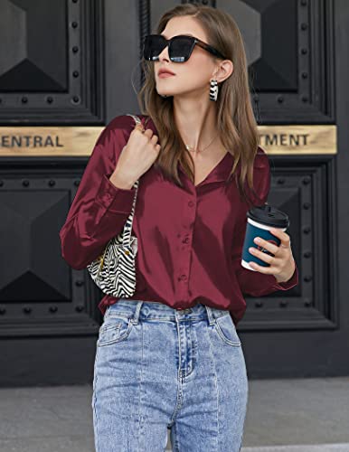 Chigant Women's Blouse Satin Silk Shirts Button Down Shirts Casual Loose Long Sleeve Office Work Tunic Tops4