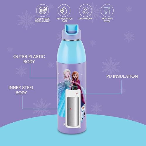 Image of CELLO Kidzbee Uranus 600 Insulated Kids Water Bottle 540ml, Violet | 3D Touch & Feel Frozen Trio Design Easy to Carry Lightweight Leakproof Easy Sip Flip Cap Insulated Water Bottle For School Kids