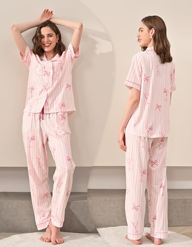 Image of NAP BOUND 100% Cotton Women's Pajama Sets Short Sleeve Button Down Soft Pjs 2 Piece Lounge Set with Pocket Nightwear XS-XXL