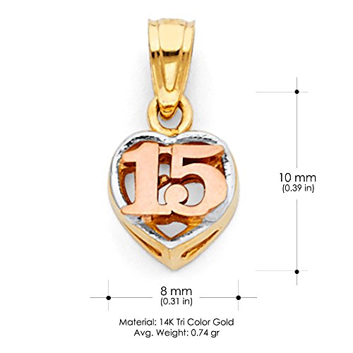 Ioka 14K Tri Color Gold Sweet 15 Years Quinceanera Heart Charm Pendant with 1.5mm Valentino Chain Necklace3