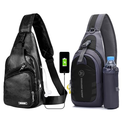 Peicees Chest Crossbody Sling Backpack Bag Travel Bike Gym Daypack for Women Men, Leather Black Medium and Black Medium