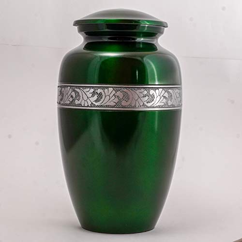 Image of Silver Engraved Aluminium Cremation Urn for Human Ashes Adult - Handcrafted Funeral Memorial Ash Storage Urn - Bag Included (Green, 6.5 inch x 6.5 inch x 10.5 inch - 200lbs or 91kg)