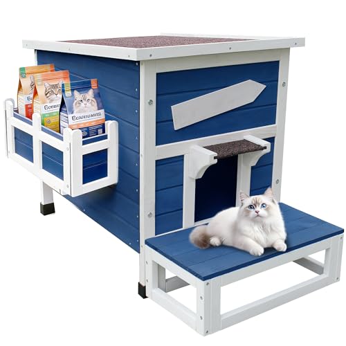 Rockever Outdoor Cat House, Large Outdoor Houses for Feral Cats Wooden Outside Cat Shelter Weatherproof with Escape Door
