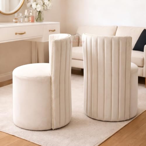 Image of Luxury Velvet Ottoman Chair Pouffe Stool-Modern Round Soft-Padded Chair for Dining Room, Living Room /Cafeteria Seating /Bedroom and Dressing Area /Ottoman with Backrest (Cream.)