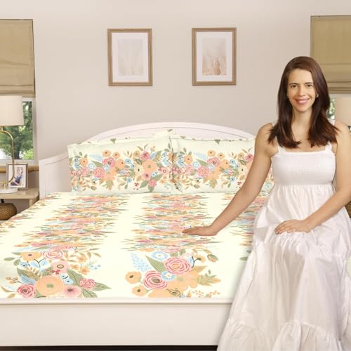 Image of Haus & kinder Double Bedsheet for Queen Size Bed | 90 x 100 Inches 144 TC Cotton Bedsheet for Double Bed with 2 Pillow Covers - Vintage Peony