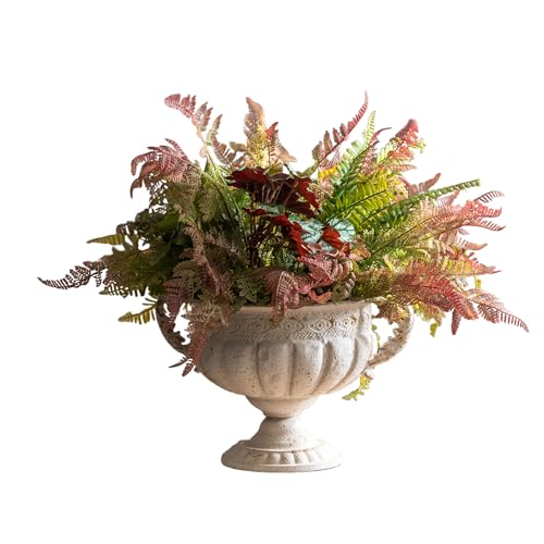 Vintage Urn Planter with Embossed Pattern, Decorative Flower Pot, Classic Round Plant Pot, European Shabby Chic Centerpiece for Mantel, Table, Entryway or Living Room Decor（13.6 * 11.9 * 8.5 in）