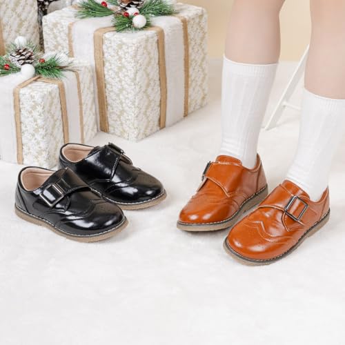 Image of Meckior Toddler Boys Girls Dress Shoes Little Kid Oxford Shoes Wedding Church Dress Shoes PU Leather Lace Up School Uniform Loafer Flats