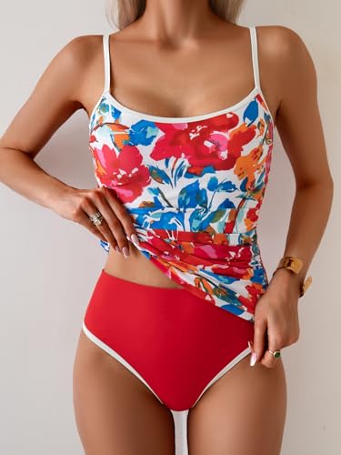 Image of Eomenie Women's Tankini Swimsuits Two Piece Tummy Control Bathing Suit Color Block Slim Swimwear with High Waisted Bottom